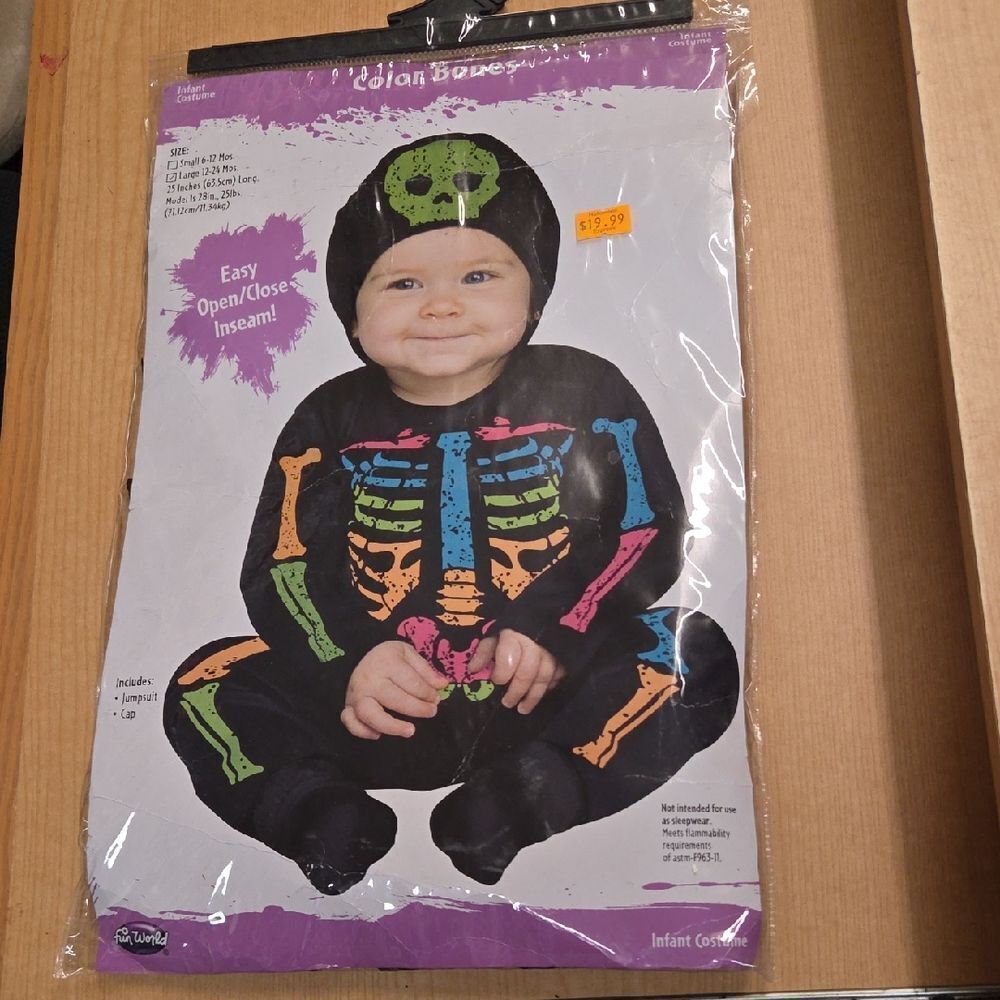 Color Bones Infant Skeleton Costume by Fun World.‎ Size Infant Large 12-24mths